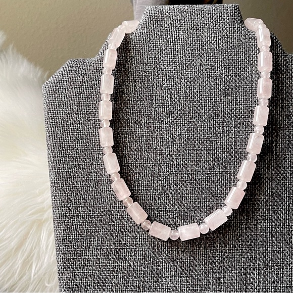 ROSE QUARTZ | Elongated Round Cylindrical Beaded Pink Rose Quartz 18" Necklace - Picture 1 of 12